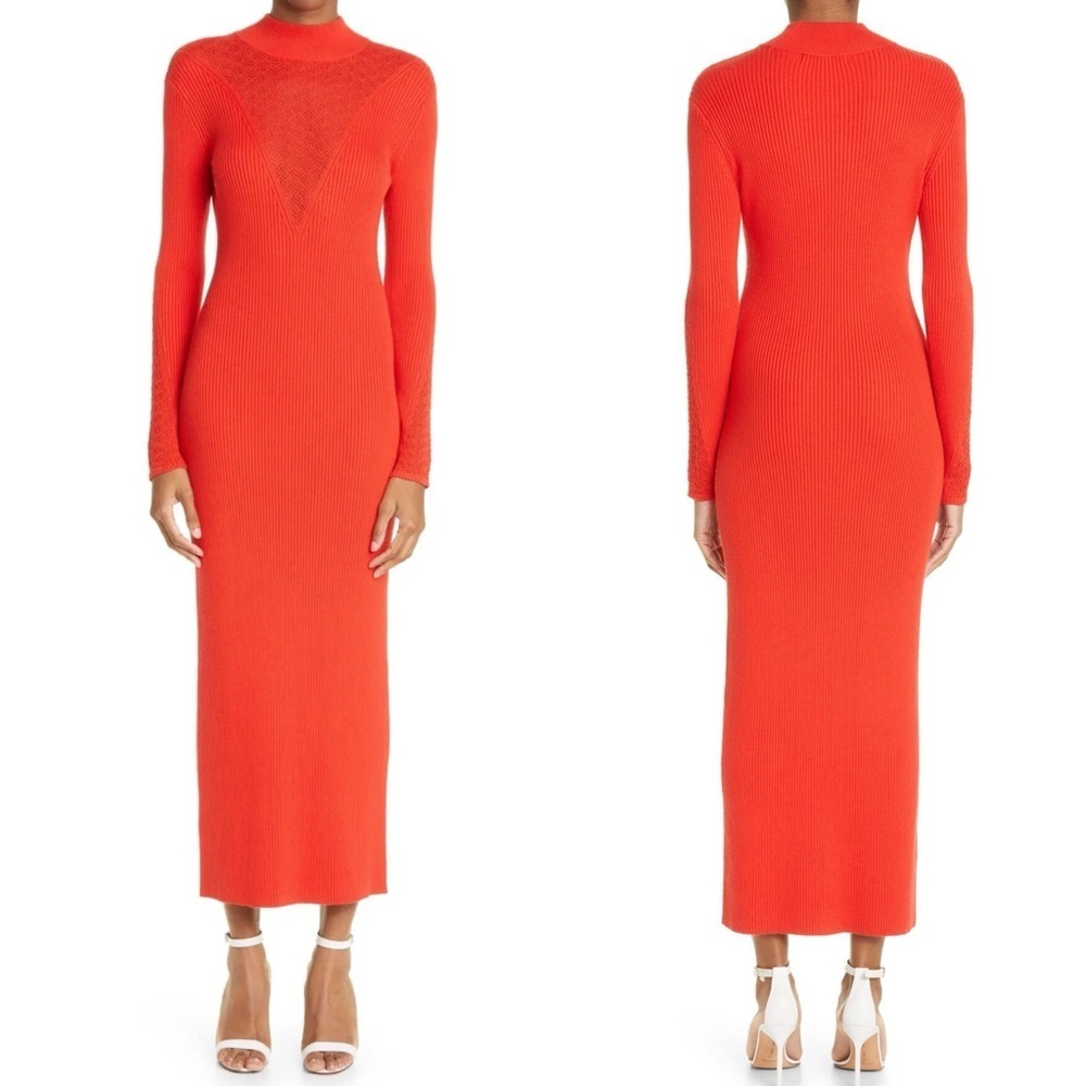 Lela Rose Mock Neck Rib Sweater Sheath Dress in Cherry Red